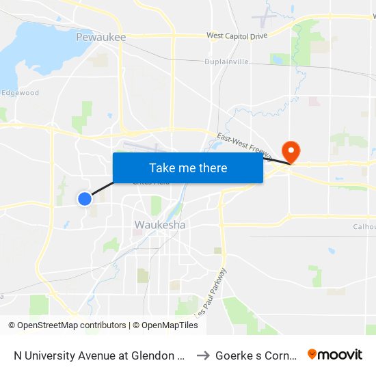 N University Avenue at Glendon Way to Goerke s Corners map