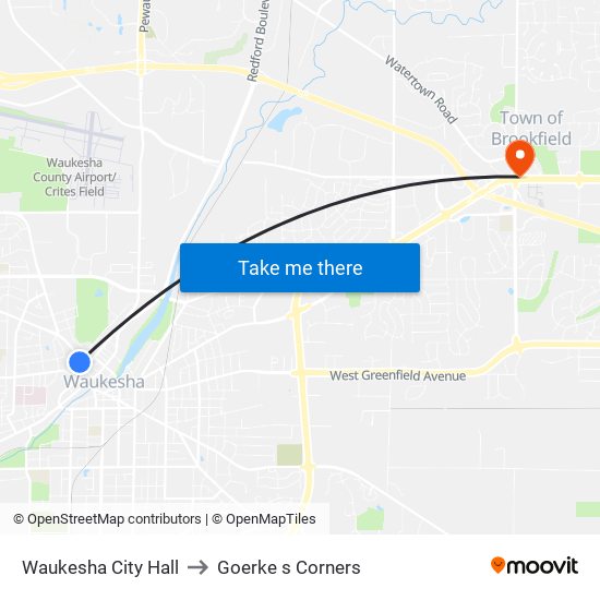 Waukesha City Hall to Goerke s Corners map