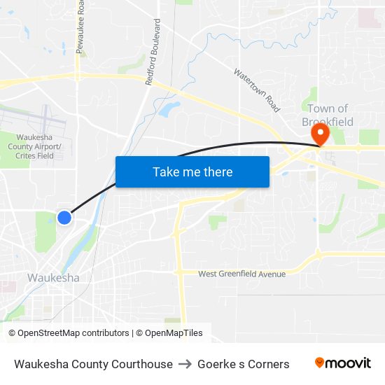 Waukesha County Courthouse to Goerke s Corners map