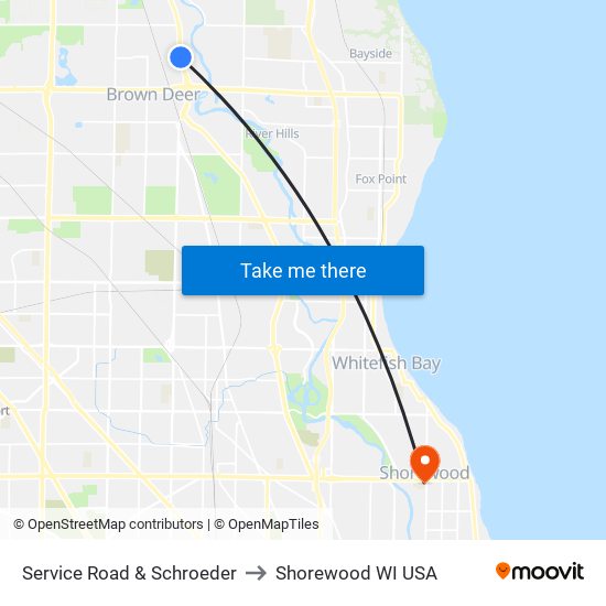 Service Road & Schroeder to Shorewood WI USA map