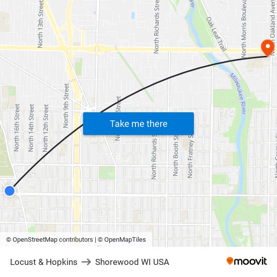 Locust & Hopkins to Shorewood WI USA map