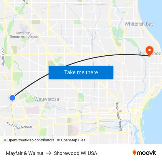 Mayfair & Walnut to Shorewood WI USA map