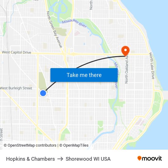Hopkins & Chambers to Shorewood WI USA map