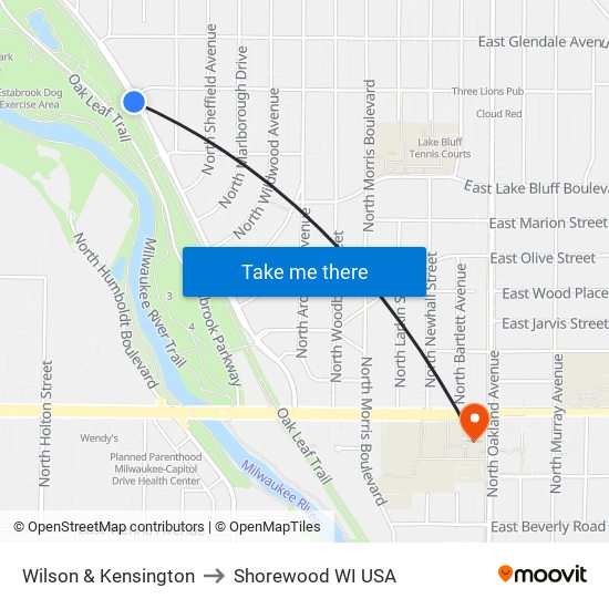 Wilson & Kensington to Shorewood WI USA map