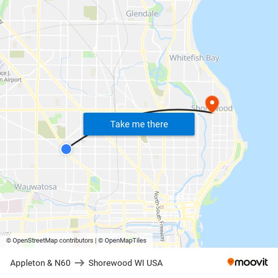 Appleton & N60 to Shorewood WI USA map