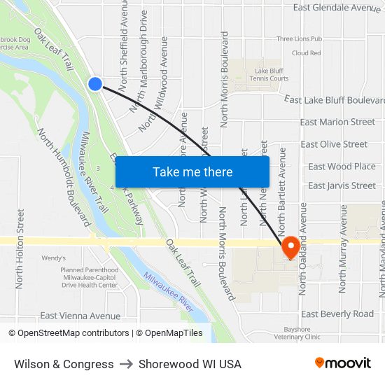 Wilson & Congress to Shorewood WI USA map