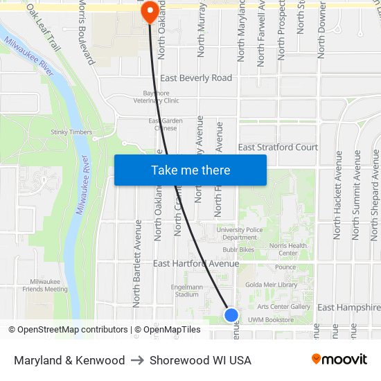 Maryland & Kenwood to Shorewood WI USA map