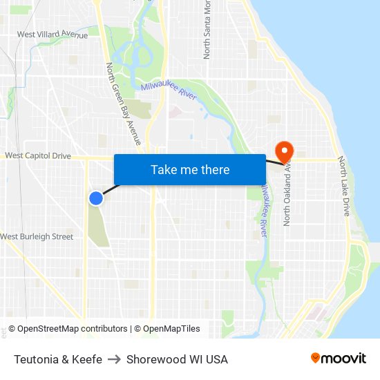 Teutonia & Keefe to Shorewood WI USA map