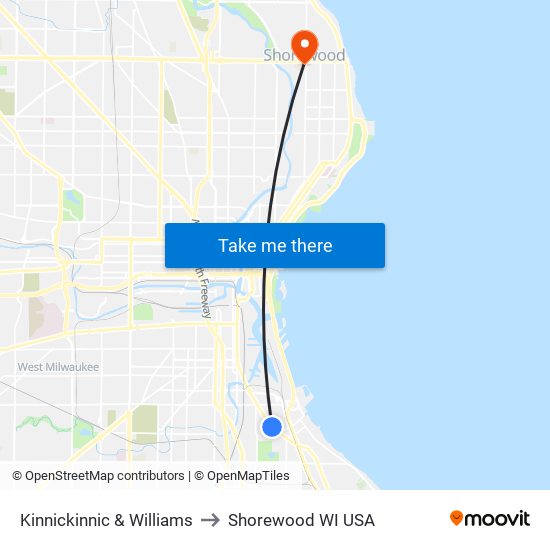 Kinnickinnic & Williams to Shorewood WI USA map