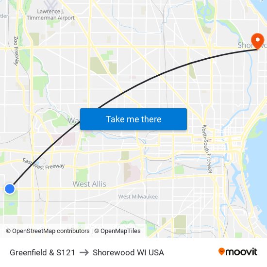 Greenfield & S121 to Shorewood WI USA map