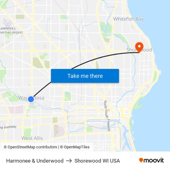 Harmonee & Underwood to Shorewood WI USA map