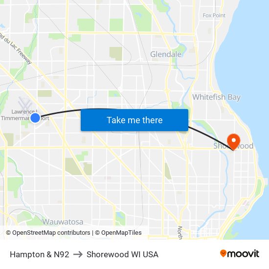 Hampton & N92 to Shorewood WI USA map
