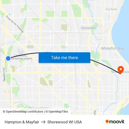 Hampton & Mayfair to Shorewood WI USA map