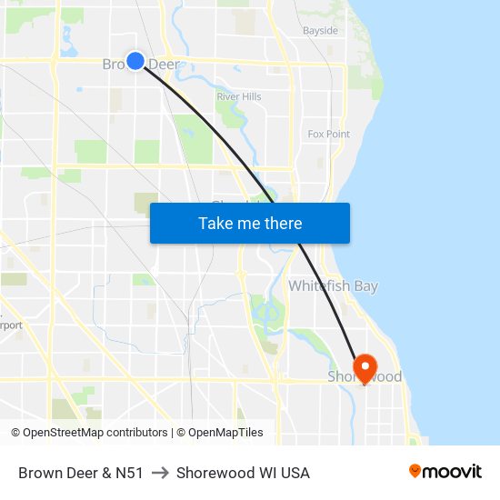 Brown Deer & N51 to Shorewood WI USA map