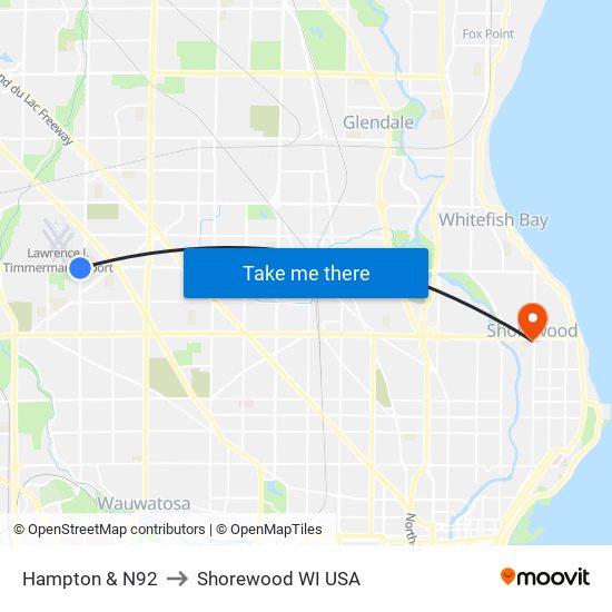 Hampton & N92 to Shorewood WI USA map