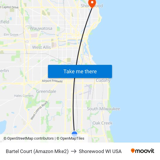Bartel Court (Amazon Mke2) to Shorewood WI USA map