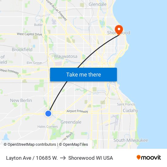 Layton Ave / 10685 W. to Shorewood WI USA map