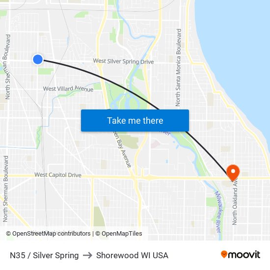 N35 / Silver Spring to Shorewood WI USA map