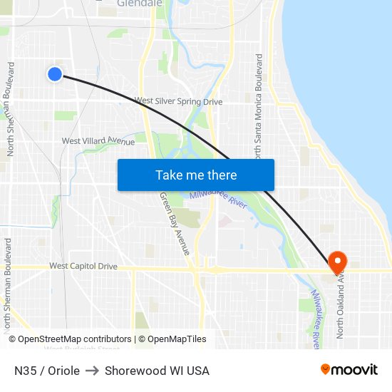 N35 / Oriole to Shorewood WI USA map