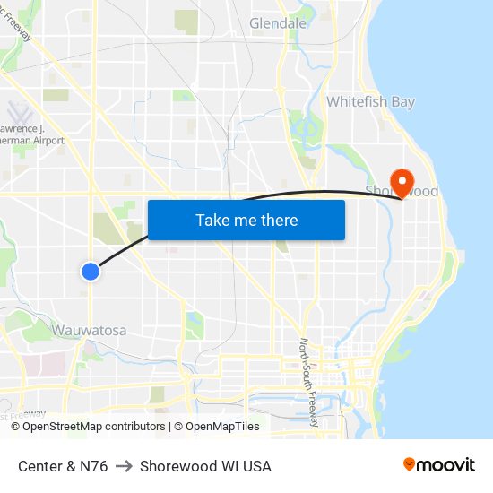 Center & N76 to Shorewood WI USA map