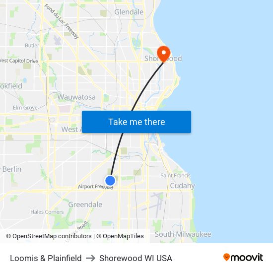 Loomis & Plainfield to Shorewood WI USA map