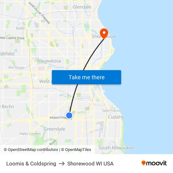 Loomis & Coldspring to Shorewood WI USA map