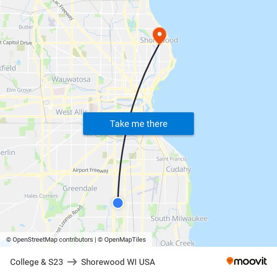 College & S23 to Shorewood WI USA map