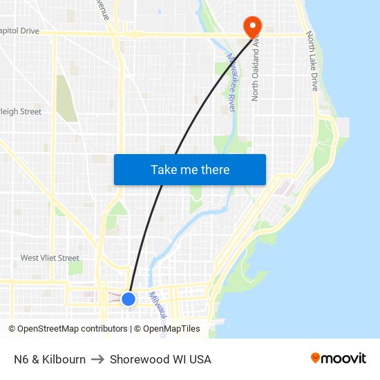 N6 & Kilbourn to Shorewood WI USA map