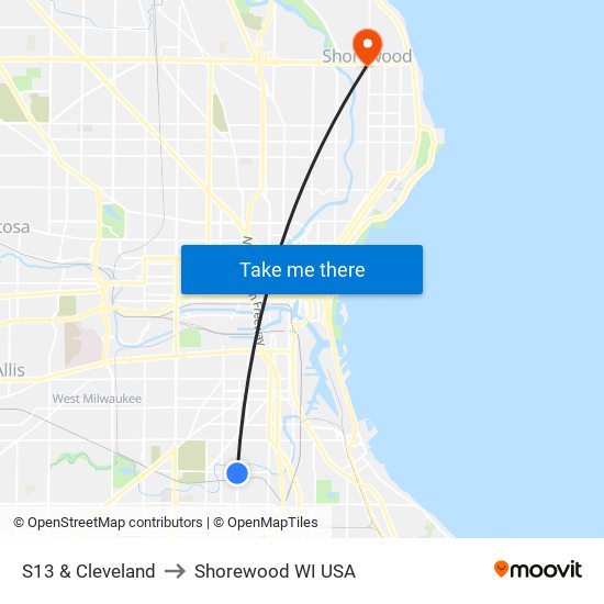 S13 & Cleveland to Shorewood WI USA map