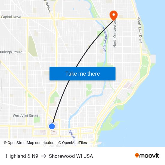 Highland & N9 to Shorewood WI USA map