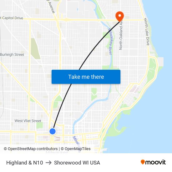 Highland & N10 to Shorewood WI USA map