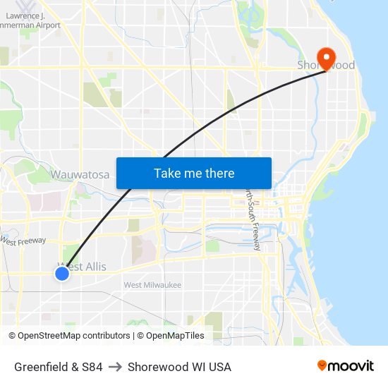 Greenfield & S84 to Shorewood WI USA map