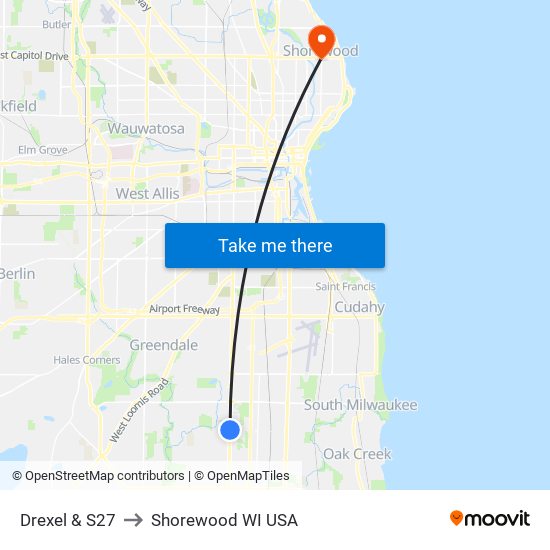 Drexel & S27 to Shorewood WI USA map