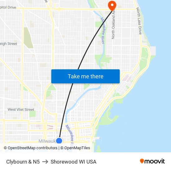 Clybourn & N5 to Shorewood WI USA map