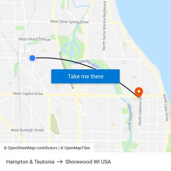 Hampton & Teutonia to Shorewood WI USA map