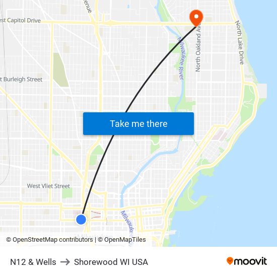 N12 & Wells to Shorewood WI USA map