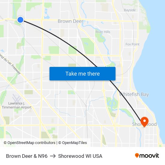 Brown Deer & N96 to Shorewood WI USA map