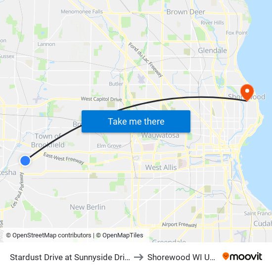 Stardust Drive at Sunnyside Drive to Shorewood WI USA map