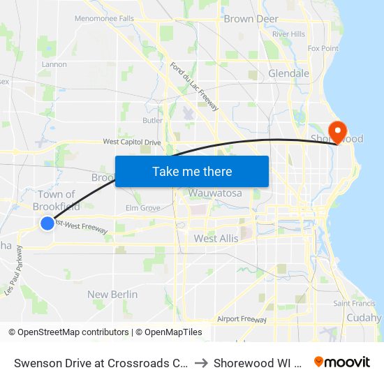 Swenson Drive at Crossroads Circle to Shorewood WI USA map