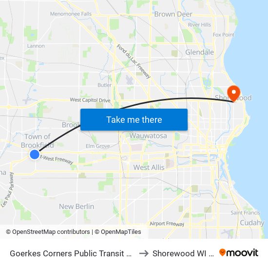 Goerkes Corners Public Transit Station to Shorewood WI USA map