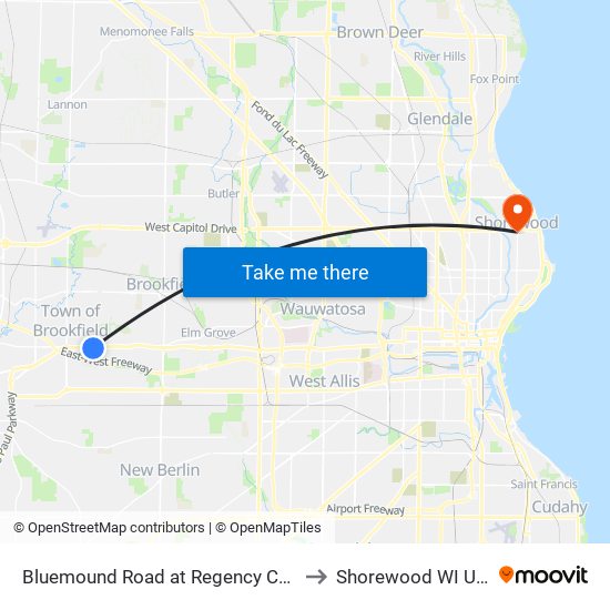 Bluemound Road at Regency Court to Shorewood WI USA map