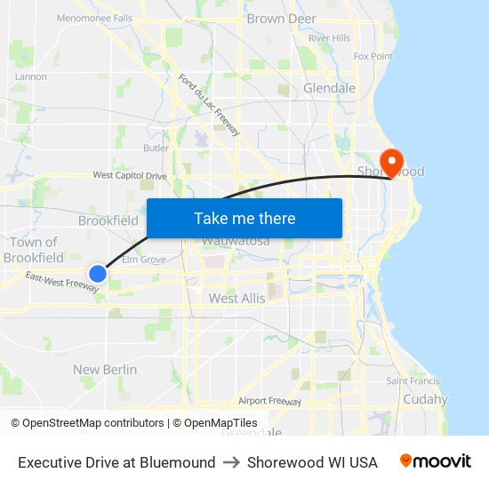 Executive Drive at Bluemound to Shorewood WI USA map