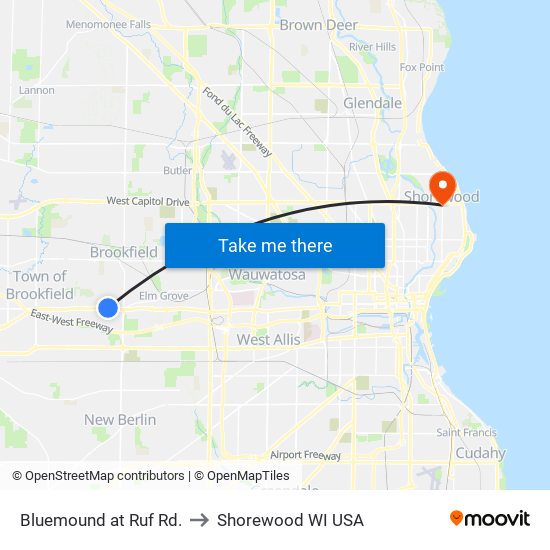 Bluemound at Ruf Rd. to Shorewood WI USA map