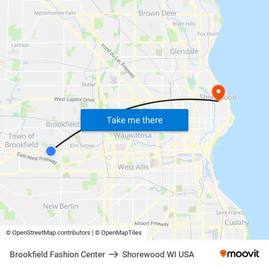 Brookfield Fashion Center to Shorewood WI USA map