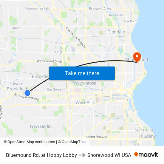 Bluemound Rd. at Hobby Lobby to Shorewood WI USA map