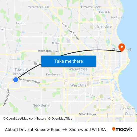 Abbott Drive at Kossow Road to Shorewood WI USA map