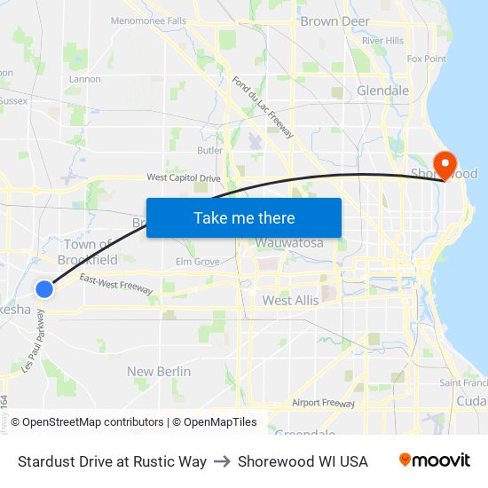 Stardust Drive at Rustic Way to Shorewood WI USA map