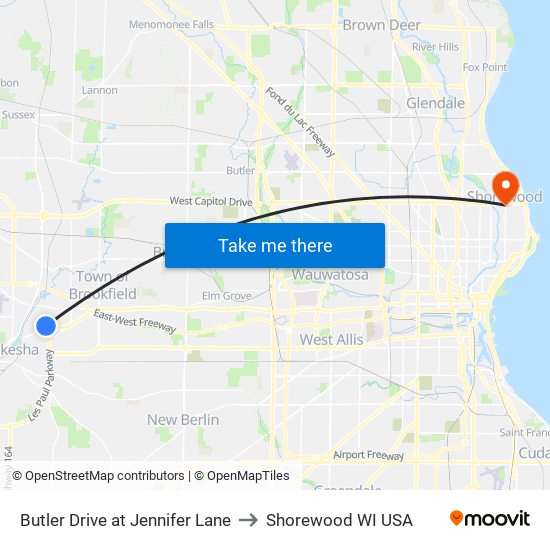 Butler Drive at Jennifer Lane to Shorewood WI USA map