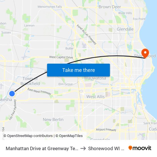 Manhattan Drive at Greenway Terrace to Shorewood WI USA map