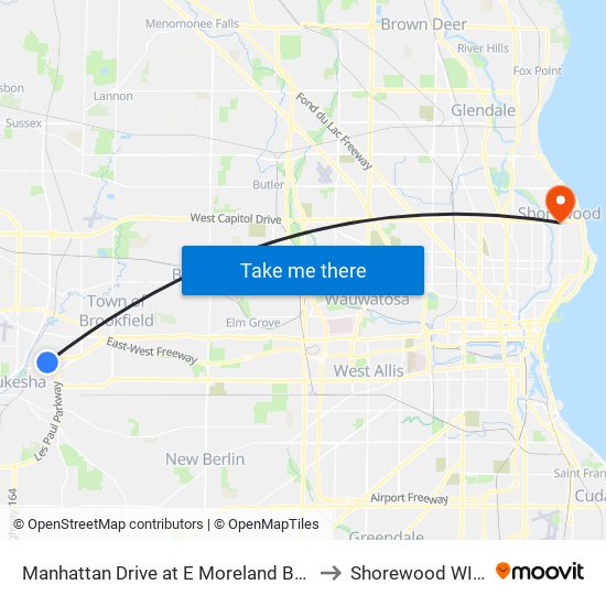 Manhattan Drive at E Moreland Boulevard to Shorewood WI USA map